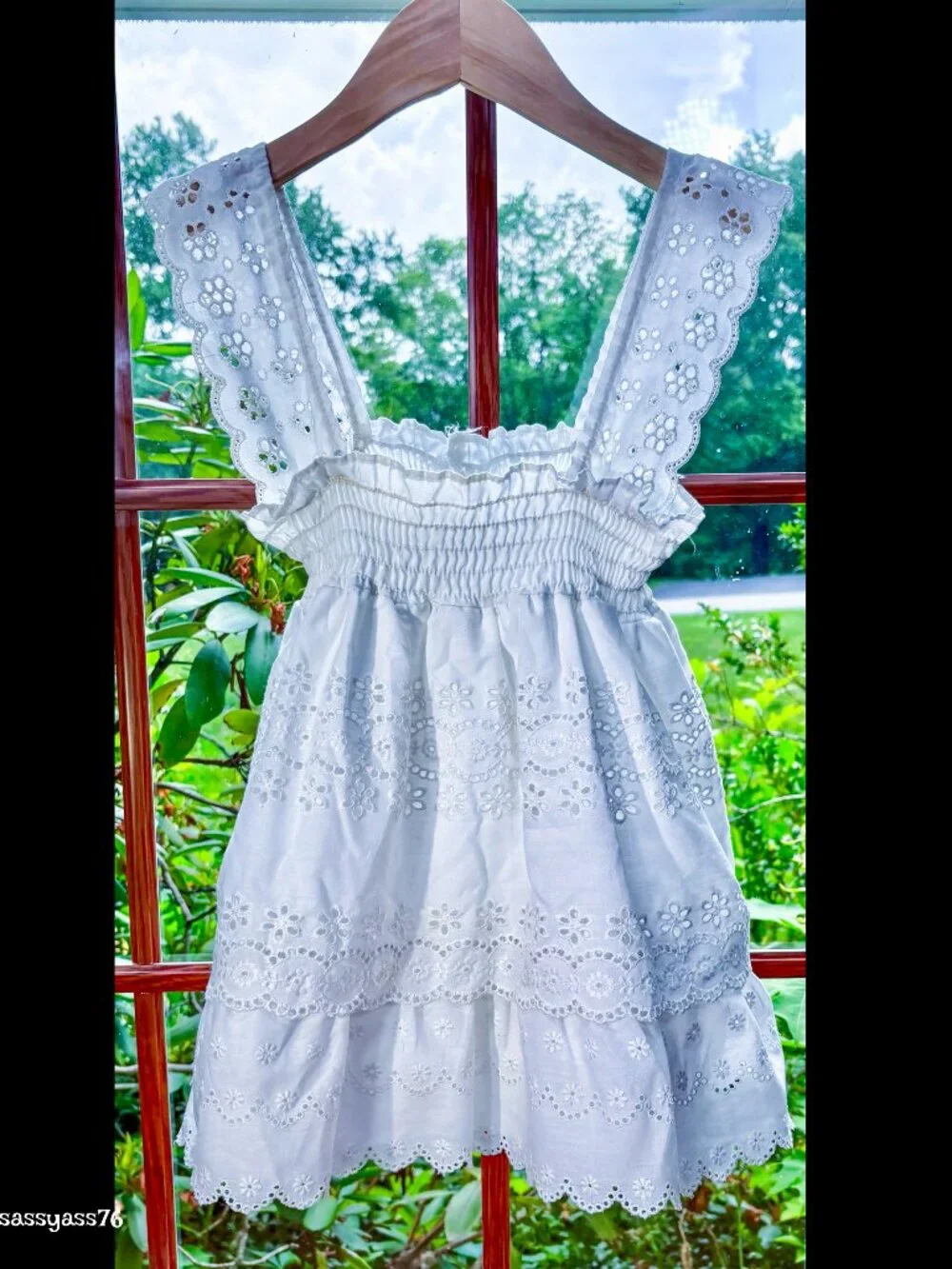 ▪️VTG▪️JONI J▪️70s Size 1T White Smocked Chest Tiered Eyelet Cotton Blend Dress